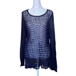 Eileen Fisher 100% Organic Linen Open Weave Crochet Knit Blue Sweater XL Beachy